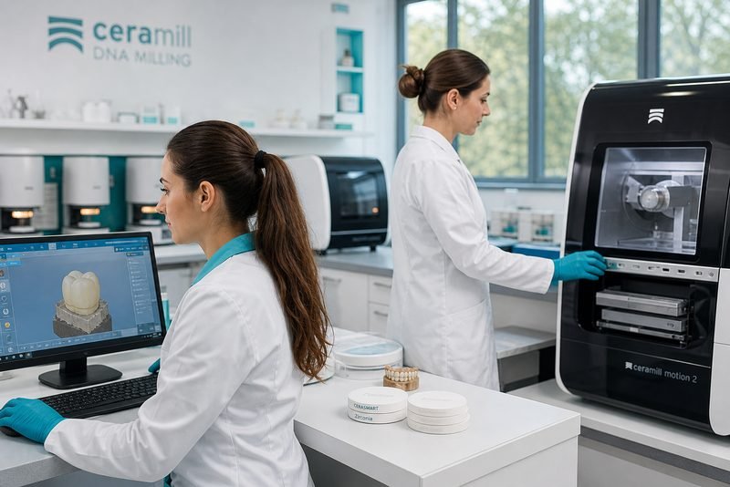 Estação CAD/CAM do laboratório em segundo plano; produção digital a serviço da bancada