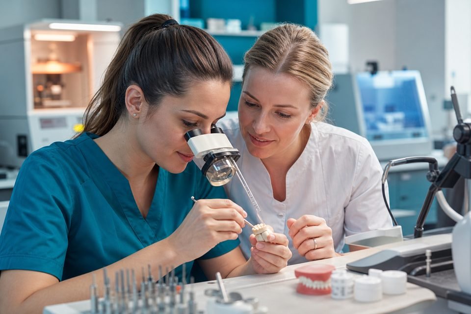 Técnicas do laboratório em primeiro plano na bancada de produção protética